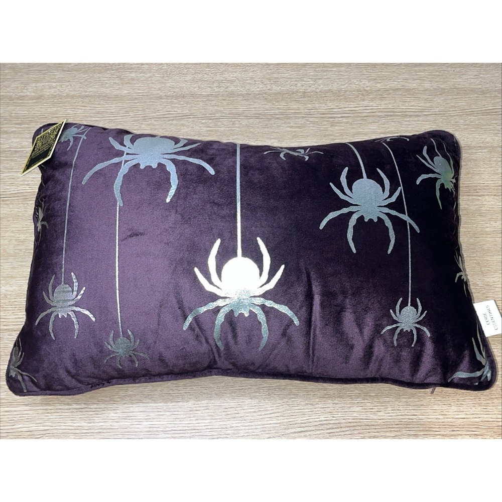 Eerie Essentials Throw Pillow Purple Velour Spiderweb Halloween 14x22 Silver Web